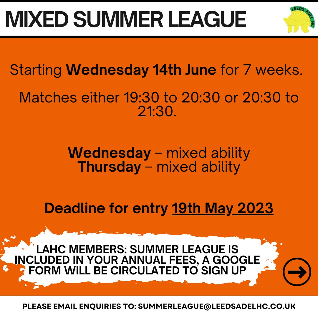 SUMMER LEAGUE IS BACK! 
Interested? Email summerleague@leedsadelhc.co.uk 🏑🧡

<a href="/CityofYorkHC/">City of York Hockey</a> <a href="/BenRhyddingHC/">@BenRhyddingHC</a> <a href="/leedshockeyclub/">Leeds Hockey Club</a> <a href="/WakefieldHockey/">Wakefield HC</a> <a href="/B_S_H_C/">Boston Spa Hockey Club</a> <a href="/Slazengerhc/">Slazenger HC</a> <a href="/HockeyHarrogate/">Harrogate Hockey</a> <a href="/halifaxhc/">Halifax Hockey Club</a> <a href="/TadcasterHockey/">TadcasterHockeyClub</a> <a href="/OtliensiansHC/">Otliensians Hockey</a> @LUUMHC  <a href="/LUUWHC/">LUU Women's Hockey</a>