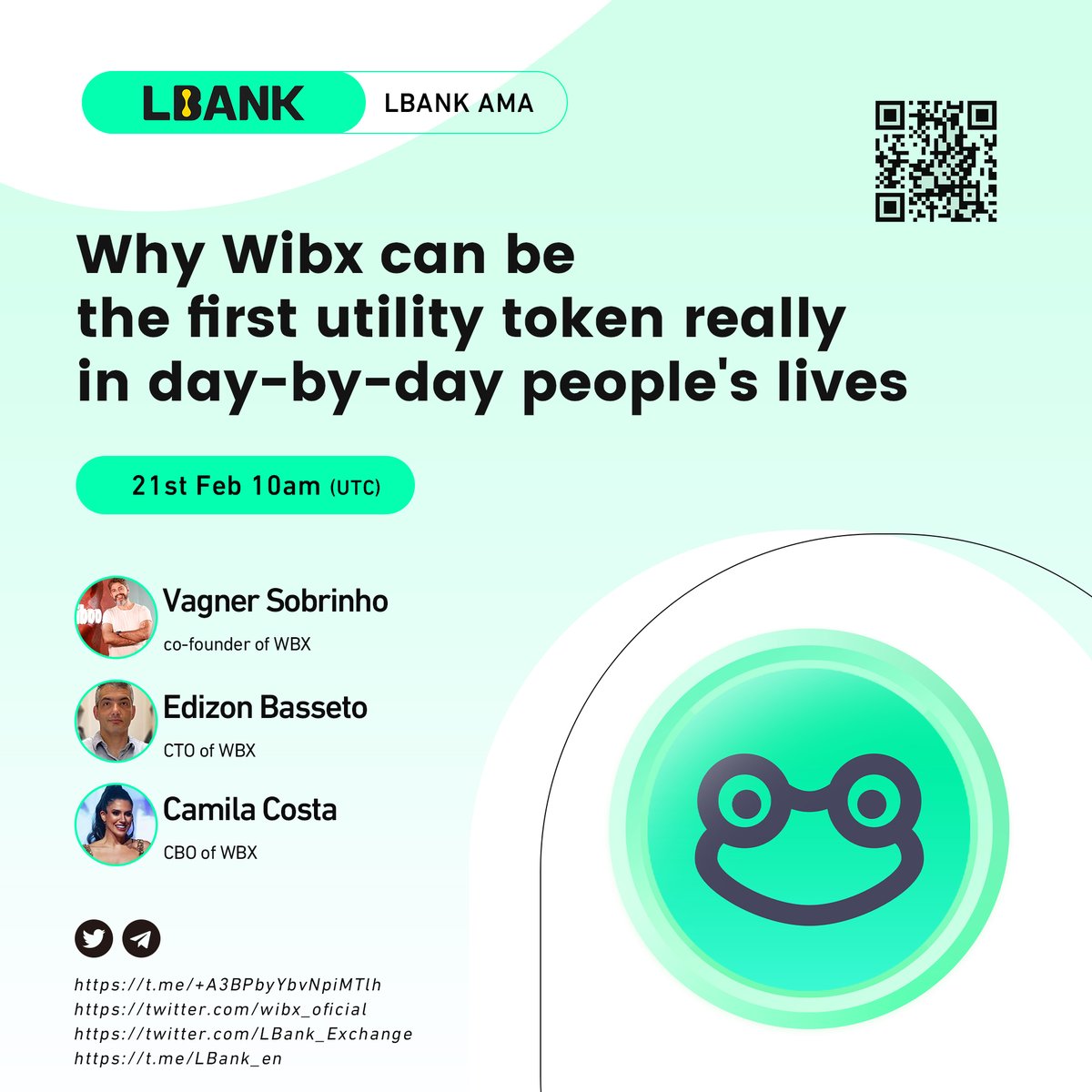 LBank_Exchange's tweet photo. 📞Upcoming AMA with $WBX team @wibx_oficial

🎙Speaker: Vagner Sobrinho, Edizon Basseto, Camila Costa

⏰Time: February  21st 10am (UTC)

📍Venue: https://t.co/3UkM4ZOx3v

🎁Reward: $2,000 $WBX

👉Join the Campaign: https://t.co/SBiWcEiajF

#crypto #LBankAMA https://t.co/sMqo0vxi8N