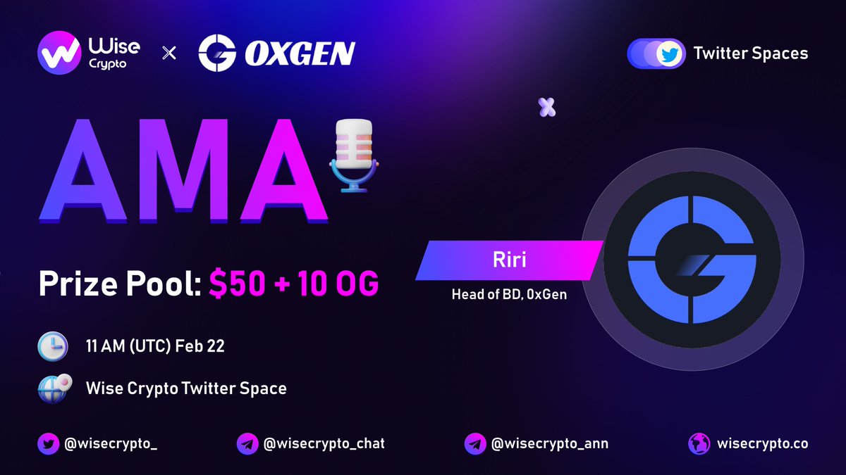 🥳 Wise Crypto x #0xGen Twitter Spaces AMA

⏰ Time: Feb 22, 11 AM (UTC)
🎁 $50 + 10 OG for 10 Best Questions

🔷Follow <a href="/WiseCrypto_/">Wise Crypto</a> &amp; <a href="/0xgen_io/">Sage AI (0xGen labs)I AI meets Intents 🤖+ 🧠</a> 
🔷Rules t.me/wisecrypto_ann…
🔷Comment Questions &amp; Tag 3 Friends

📍Set Reminder:  x.com/i/spaces/1DXxy…
#AMA #0xGen