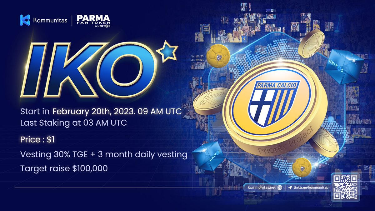 kommunitasnet's tweet image. ⚽️ 🔴 @unitos_io #IKO is LIVE on #Kommunitas!

✅ Access: Public
💵 Price: $1
💰 Total public allocation: 100,000 USDC/BUSD
🚀 Initial Market Cap: $1,000,000

➡️ Participate here: launchpad.kommunitas.net/pool/PARMA/Pub…
