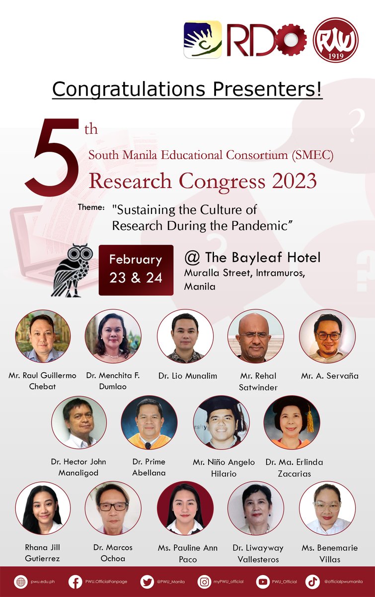 PWU_Manila's tweet image. Congratulations and good luck to the PWU professors and students who will share their research outputs during the:

5TH SOUTH MANILA EDUCATIONAL CONSORTIUM (SMEC) RESEARCH CONGRESS 2023. 

#5thSMECResearchCongress2023 
#ResearchDevelopment 
#PWURDO