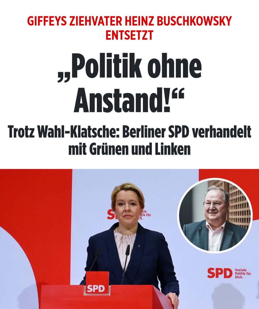 Politik ohne Anstand?
Bisschen kompliziert ausgedrückt, das geht auch einfacher:
SPD !

#BerlinWahlen2023 #Giffey