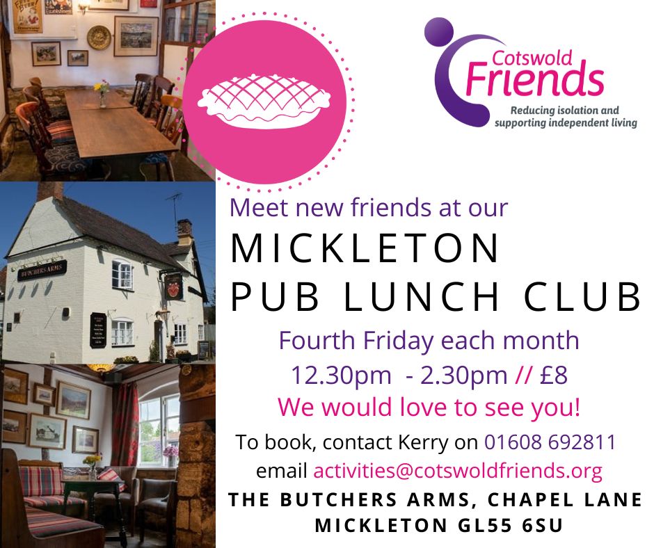 CotswoldFriends's tweet image. Meet new friends, enjoy a lovely hot meal, catch up with the latest news and relax at our #Mickleton Lunch Club at @mickletonpub The Butchers Arms!
To book a place call 01608 692811.
For details of all our available Lunch Clubs see: cotswoldfriends.org/services/commu…
Pls RT @MickletonCARE