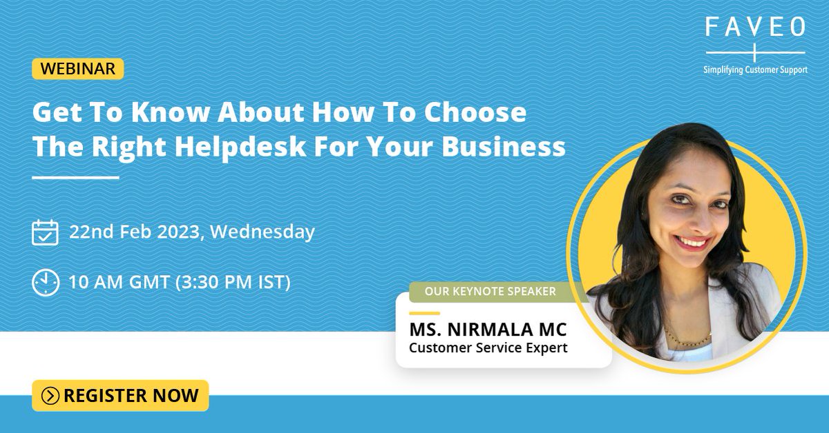 faveohelpdesk's tweet photo. On February 22, 2023, at 10 AM GMT (3:30 PM IST), our keynote speaker, Ms. Nirmala MC (Customer Service Expert), will present a webinar on "How to Choose the Right Helpdesk for Your Business."
Register Now for Free: https://t.co/VxlmHF0xV3
#faveohelpdesk #faveo https://t.co/XbogcVXJ1E