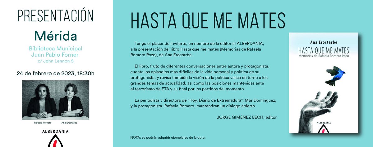 Presentamos en mi Extremadura #HastaQueMeMates escrito por <a href="/anaerostarbe/">Ana Erostarbe</a> que cuenta cómo superar la violencia me ha hecho mejor
Honrada con la compañía de <a href="/Mardominguez03/">Mar Domínguez</a> periodista y directora de <a href="/hoyextremadura/">Diario HOY</a> 
📍Mérida. B.M Juan Pablo Forner
📆 Viernes, 24 febrero
🕒18:30