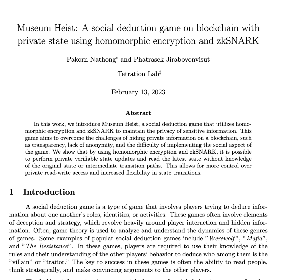 Tetration_Lab's tweet photo. With the launch of Museum Heist, a fully-on chain social deduction game built with MUD engine, our team has written a documentation paper.

Covered Topic:

✅Problem Overview 
✅Our implementation
✅Future works 

Here's our discovery and insight on our approach🧵👇 https://t.co/gcXQ5QsMcM