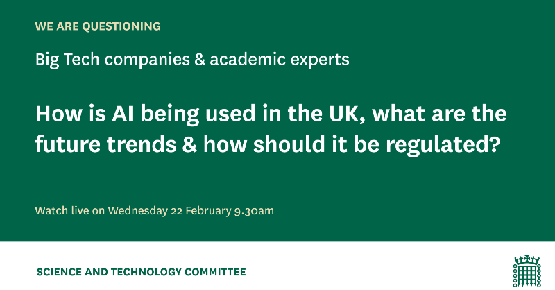 CommonsSITC's tweet photo. This Wednesday at 9.30am, as part of our AI governance inquiry, we are hearing from @MicrosoftUK @BTGroup @Google @DameWendyDBE @Nigel_Shadbolt on how AI is being used across the UK economy, future trends &amp; how it should be regulated. 

Details:

https://t.co/1meCq4ZPWv