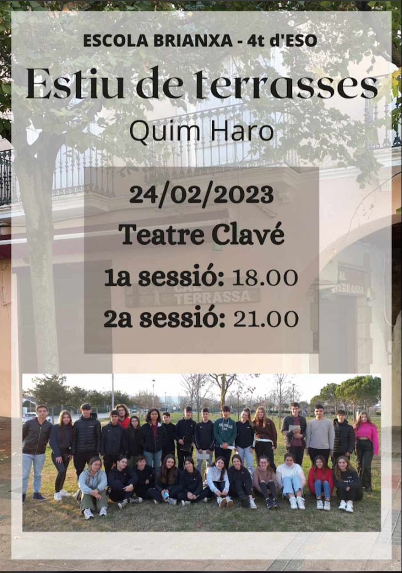 escolabrianxa's tweet photo. Bon dia! ☀️ 📣 Us volem recordar que aquest proper divendres els alumnes de 4t ESO interpretaran l’obra “Estiu de terrasses”, de Quim Haro, al @TeatreClave 🎭 Esperem que gaudiu molt de l’espectacle! #Brianxa #Tordera #teatre #proviatgefidecurs https://t.co/rUjLNABIX7
