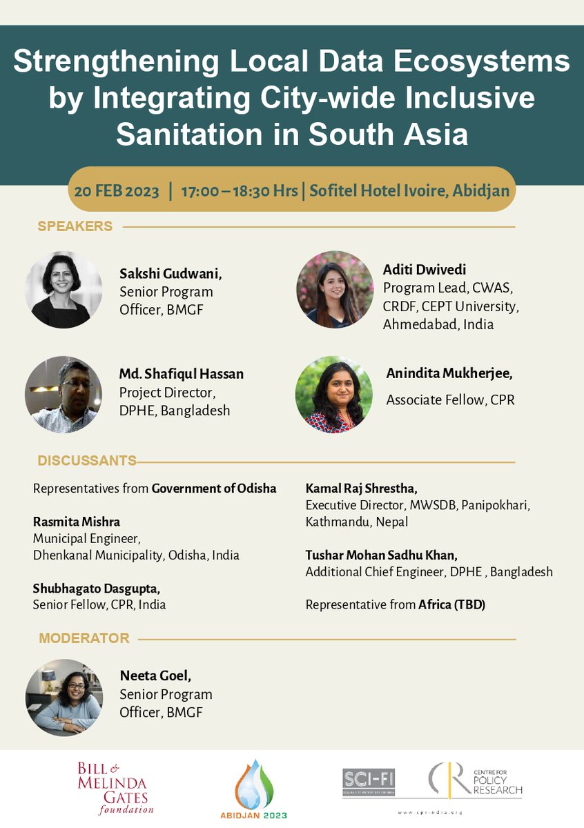 CPR_India's tweet photo. .@CPR_SCIFI &amp; @BMGFIndia are organising a side event on 'Strengthening Local Data Ecosystems by Integrating City-wide Inclusive Sanitation in South Asia' @AfDB_Group's 21st International Congress of the @AfWA_AAE &amp; 7th Faecal Sludge Management Conference

https://t.co/TZ69lb3zxJ https://t.co/puTZXOWJQt
