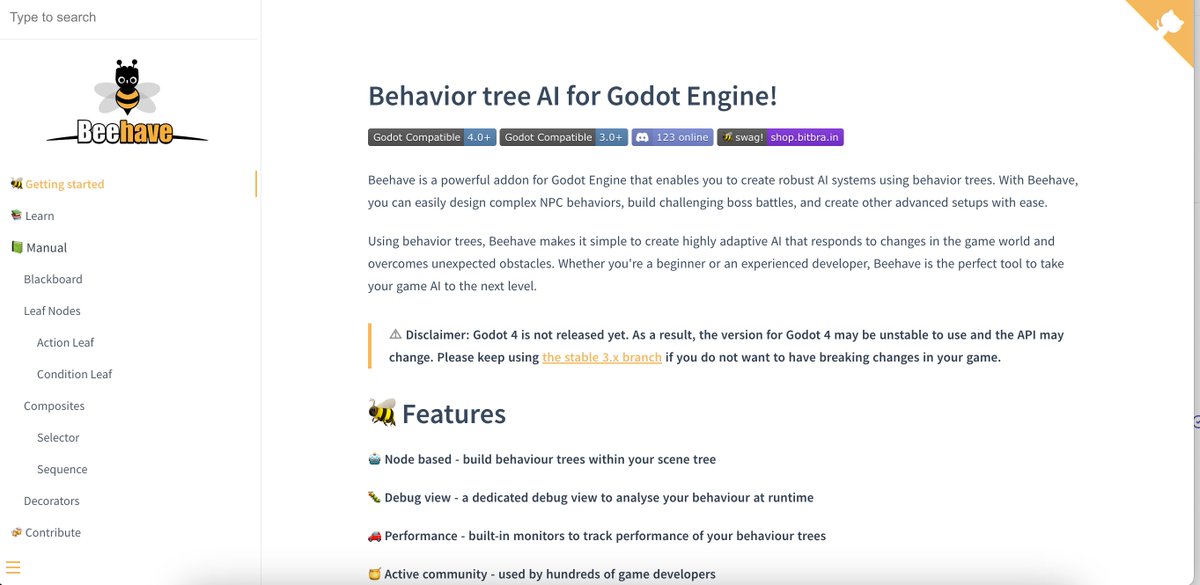 The upcoming #Beehave release comes with a fresh new wiki. It is still WIP but we are slowly getting there. 🐝 #Godot #GodotEngine