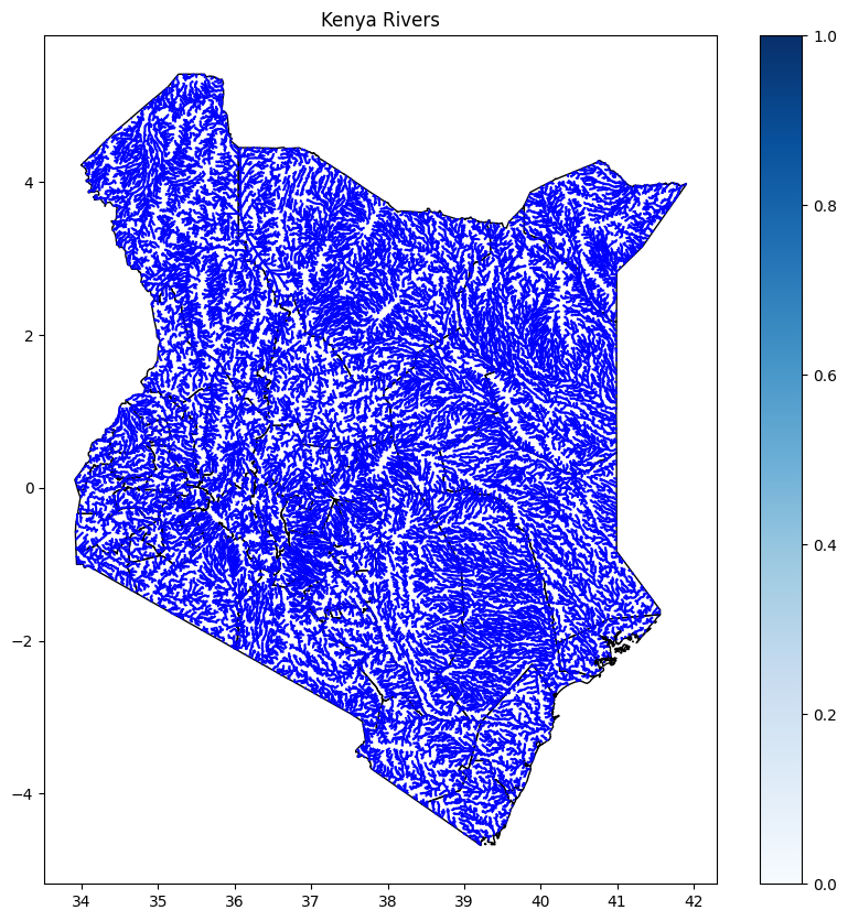 lawrence_kim_'s tweet photo. The Results: Kenya Rivers Map using #python and @hydrosheds data and #geemap .Kenya boundaries via #Divagis platform. Will be making improvements as we go along https://t.co/nRaONmlp7G