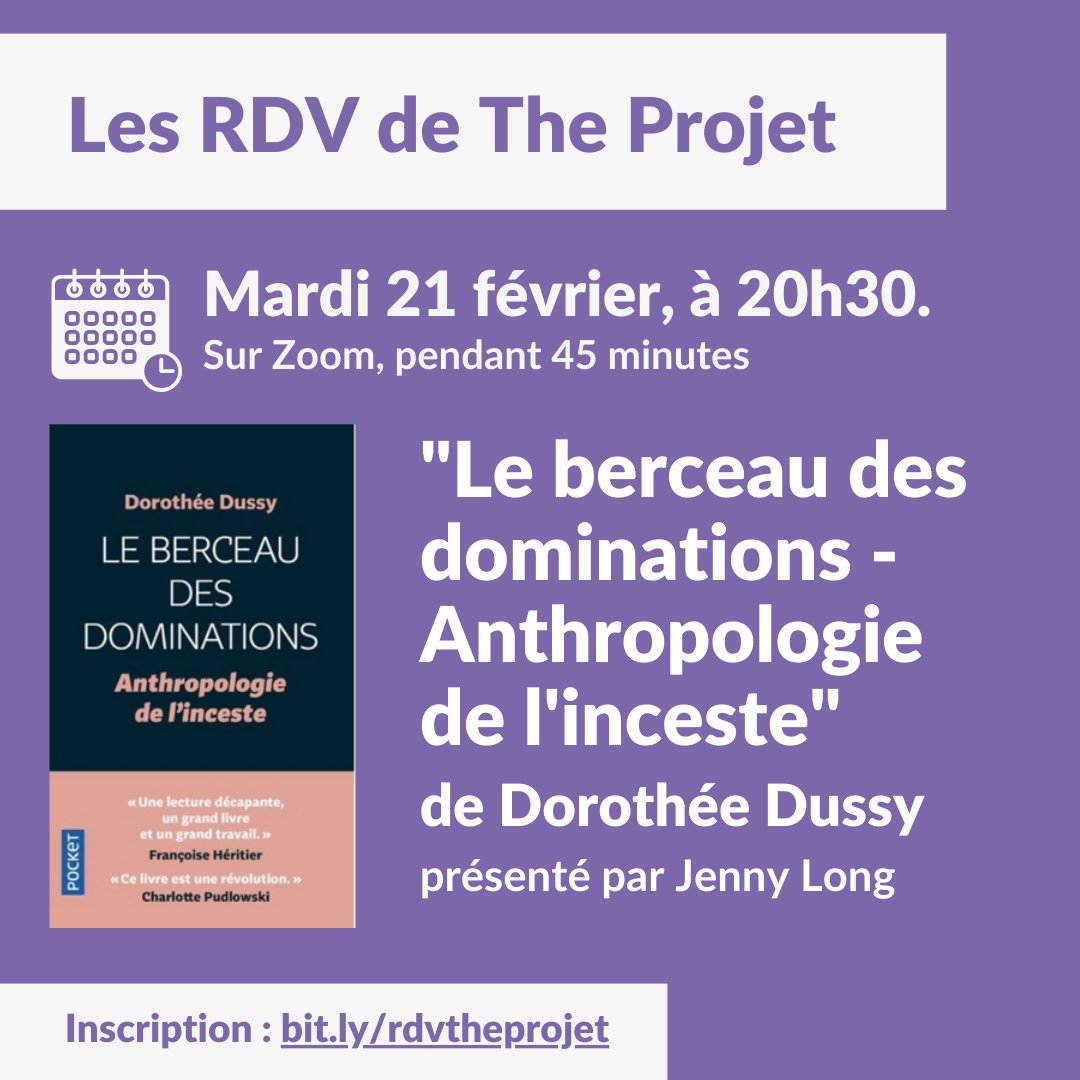 the_projet_'s tweet photo. 🗓 Mardi 21 février, à 20h30, Jenny Long nous parlera de l'ouvrage de Dorothée Dussy, "Le berceau des dominations - Anthropologie de l'inceste".

👉 Pour recevoir le lien de connexion ou le replay, c'est ici : https://t.co/2eLGSIX1sZ https://t.co/6ggRmRYJST