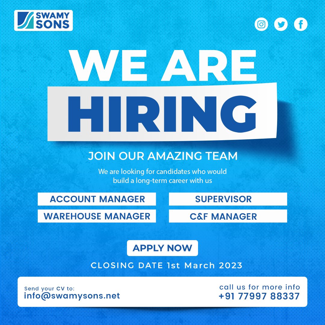 swamy_Agencies's tweet photo. We are Hiring
Account Manager
Supervisors
Warehouse Managers
CN&F Managers
Join our Amazing team
Send your CV to info@swamysons.net
Call us at +91 7799788337
#swamysons #hiring #3plservices #c&f #managers #account #supervisor #warehousemanagers #joinourteam #accounting https://t.co/4in31KQV9S