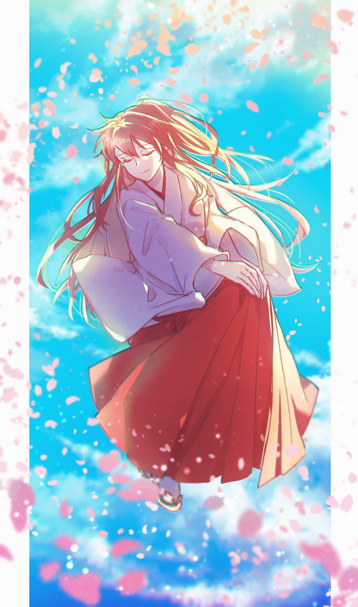 japanese clothes long hair solo 1girl closed eyes hakama miko  illustration images