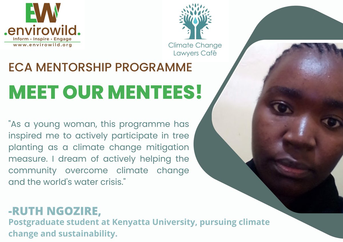 LawyersClimate's tweet photo. MEET OUR MENTEES!
Last year, under the leadership of @EmmahKemunto and @Carolinekibii, CCLC and @EnviroWild launched the #Environmental and #Climate Action #Mentorship Programme targeting young people from East Africa.
As Cohort 1 concludes, meet some of these young people! https://t.co/HL51u4Ix6l