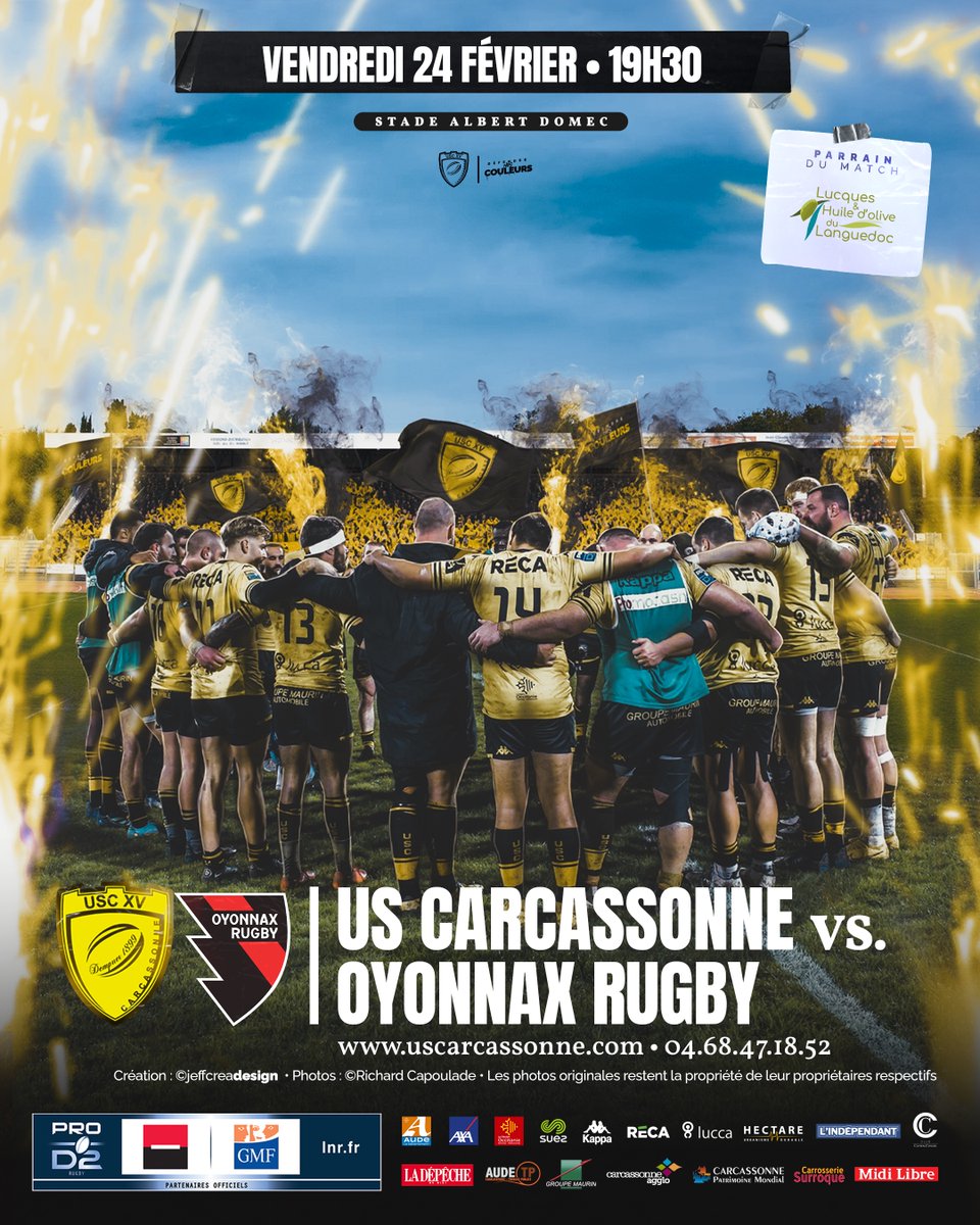 us_carcassonne's tweet photo. 🚨 TOUT LE STADE À 5€ POUR LA RÉCEPTION DU LEADER 🚨

Cette semaine, Carcassonne reçoit @OyonnaxRugby. L'USC a plus que jamais besoin du soutien de ses supporters pour aller chercher son maintien. 

Il reste 9 matchs, 9 batailles, et ça commence vendredi. 

#USCOYO https://t.co/7sISNXm6hy