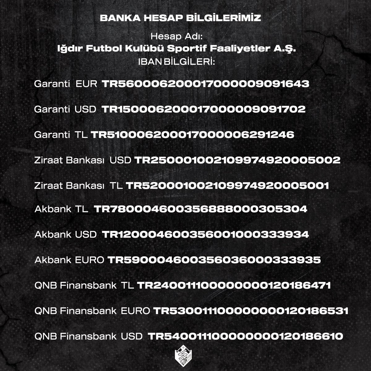 “Hatıra Biletleri” satışta.
❗️❗️❗️ ÖNEMLİ ❗️❗️❗️
Tüm gelirinin depremzedelere aktarılacağı “Hatıra Biletler” için; 
aşağıdaki IBAN numaralarına bağışta bulunurken; açıklama kısmına AD/SOYAD/TELEFON bilgisi yazmayı unutmayınız. 
IBAN Bilgileri görseldedir.