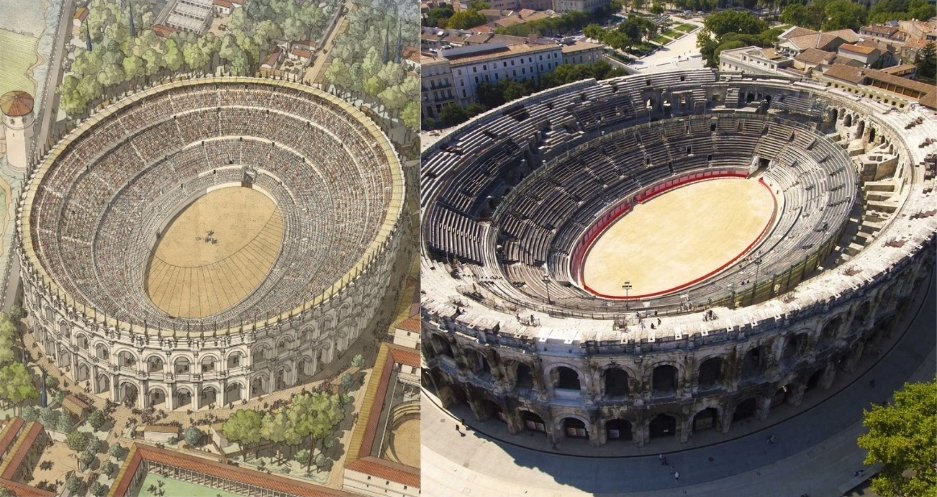 [VOYAGE DANS LE TEMPS] Grâce aux œuvres de Jean-Claude Golvin, nous pouvons remonter le temps, et imaginer ce à quoi pouvait ressembler certains des plus beaux édifices romains 🏛️
Poursuivons ce voyage avec les incontournables Arènes de Nîmes autrefois “Amphithéâtre de Nemausus”.
