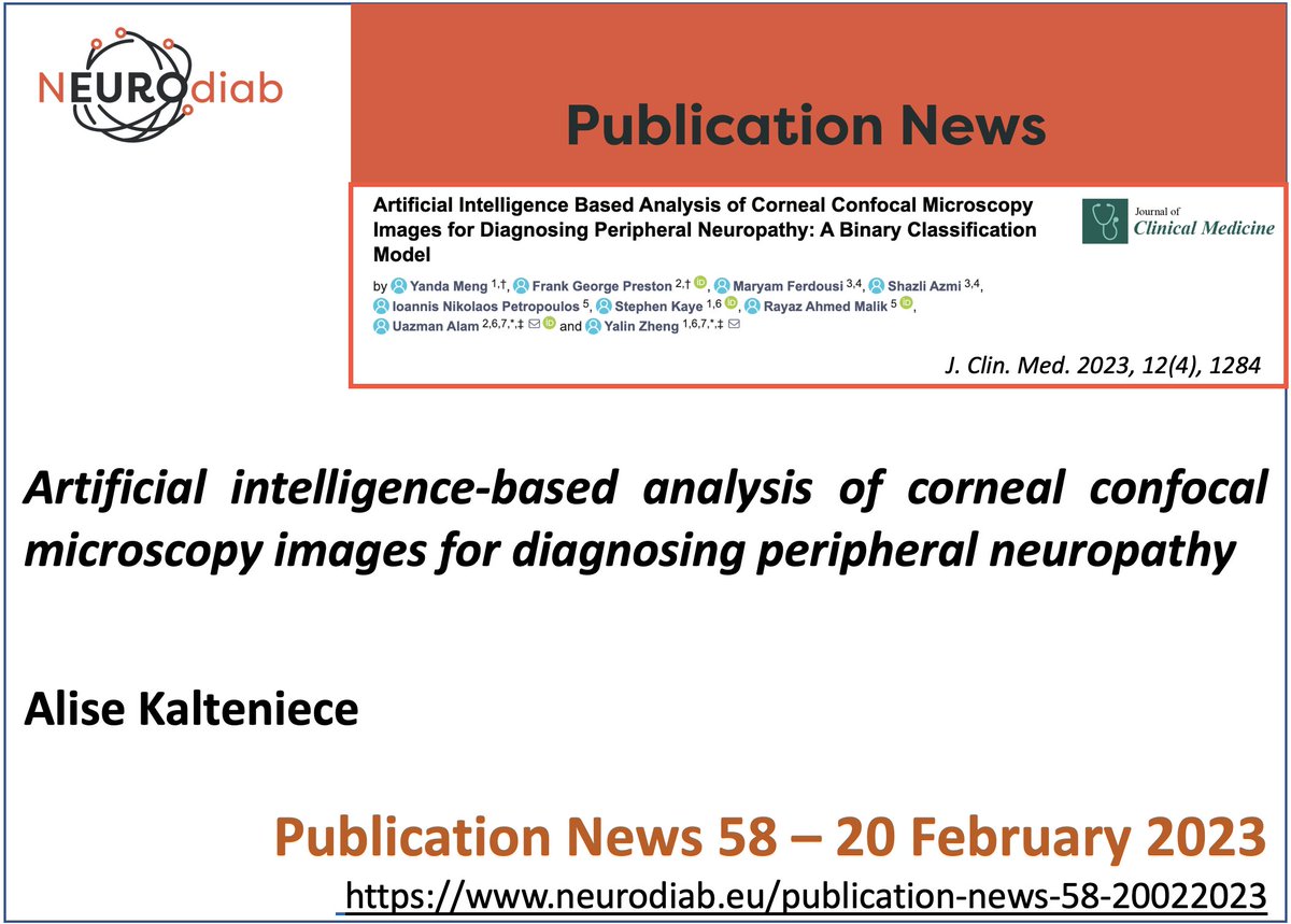 Artificial intelligence-based analysis of corneal confocal microscopy images for diagnosing #peripheralneuropathy
On Neurodiab website a signaling of articles on #diabeticneuropathy 
The 58th Publication News is by Alise Kalteniece
(neurodiab.eu/publication-ne…)