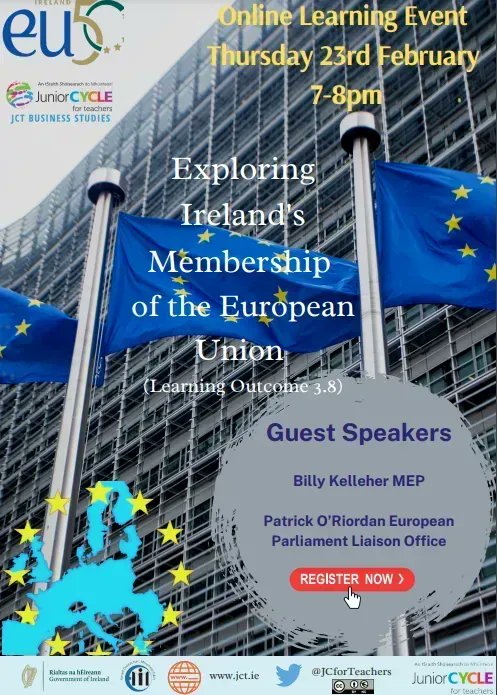 jct_Business's tweet photo. ➡️ Still time to register for our Online Learning Event this Thursday at 7pm. 
➡️ Guest speakers Billy Kelleher MEP and the #EPLO will explore the benefits and challenges of EU membership for Ireland. #learningoutcome 3.8 
Register here:https://t.co/9CpSHjtXT8 https://t.co/wNjPNrxkf5
