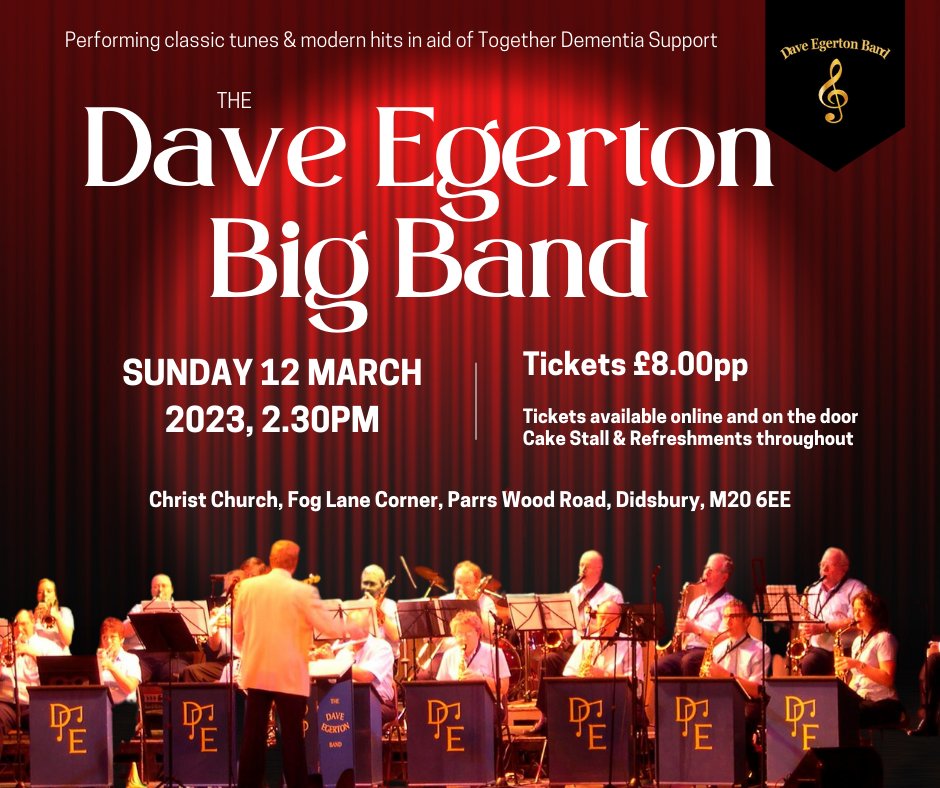 Need some #MothersDay gift inspiration? Treat her early with the Dave Egerton Big Band in aid of Together #Dementia Support! Performing everything from Glen Miller to Amy Winehouse, and who could say no to some homemade #cake? 

Book now 👉togetherdementiasupport.org/event-details/… #mothersdaygift