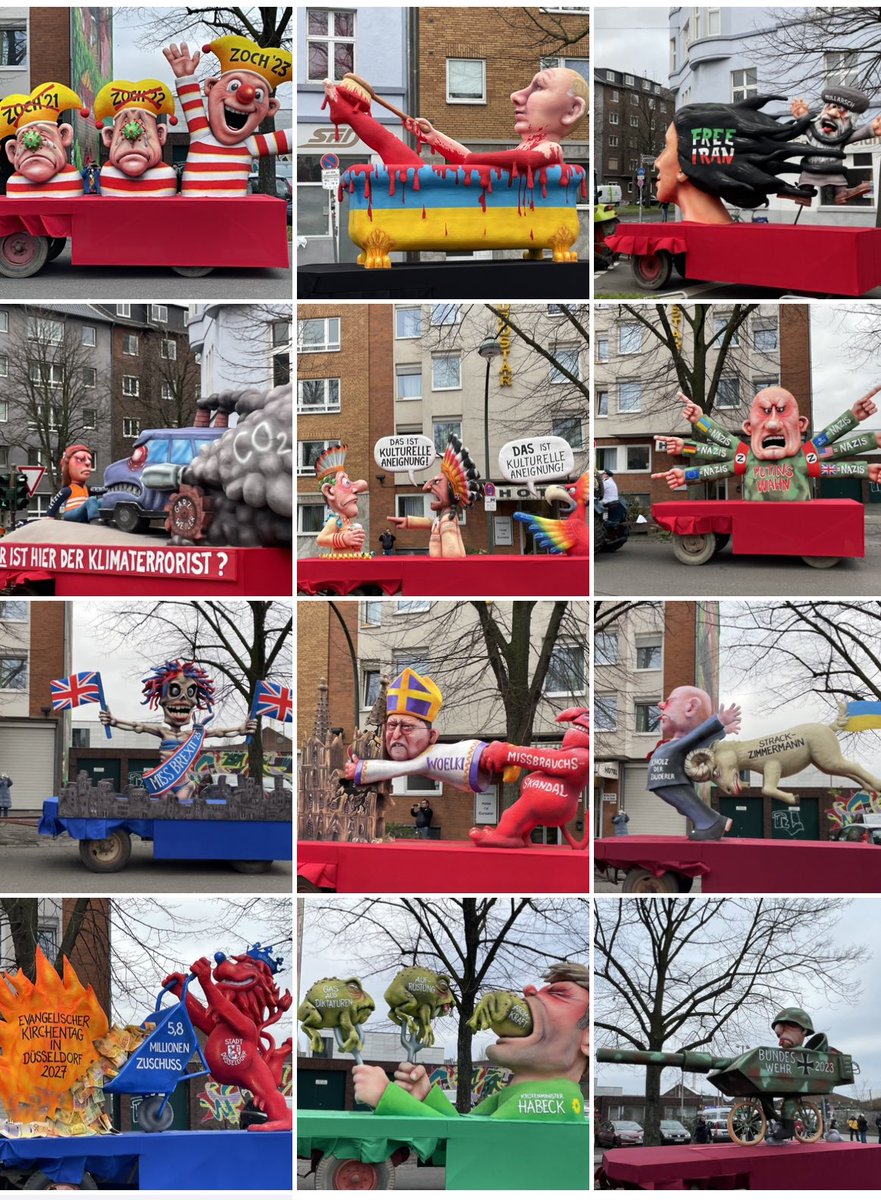 Alle zwölf Mottowagen des Düsseldorfer #rosenmontagzugs auf einem Blick #karneval2023
#helau
#Düsseldorf