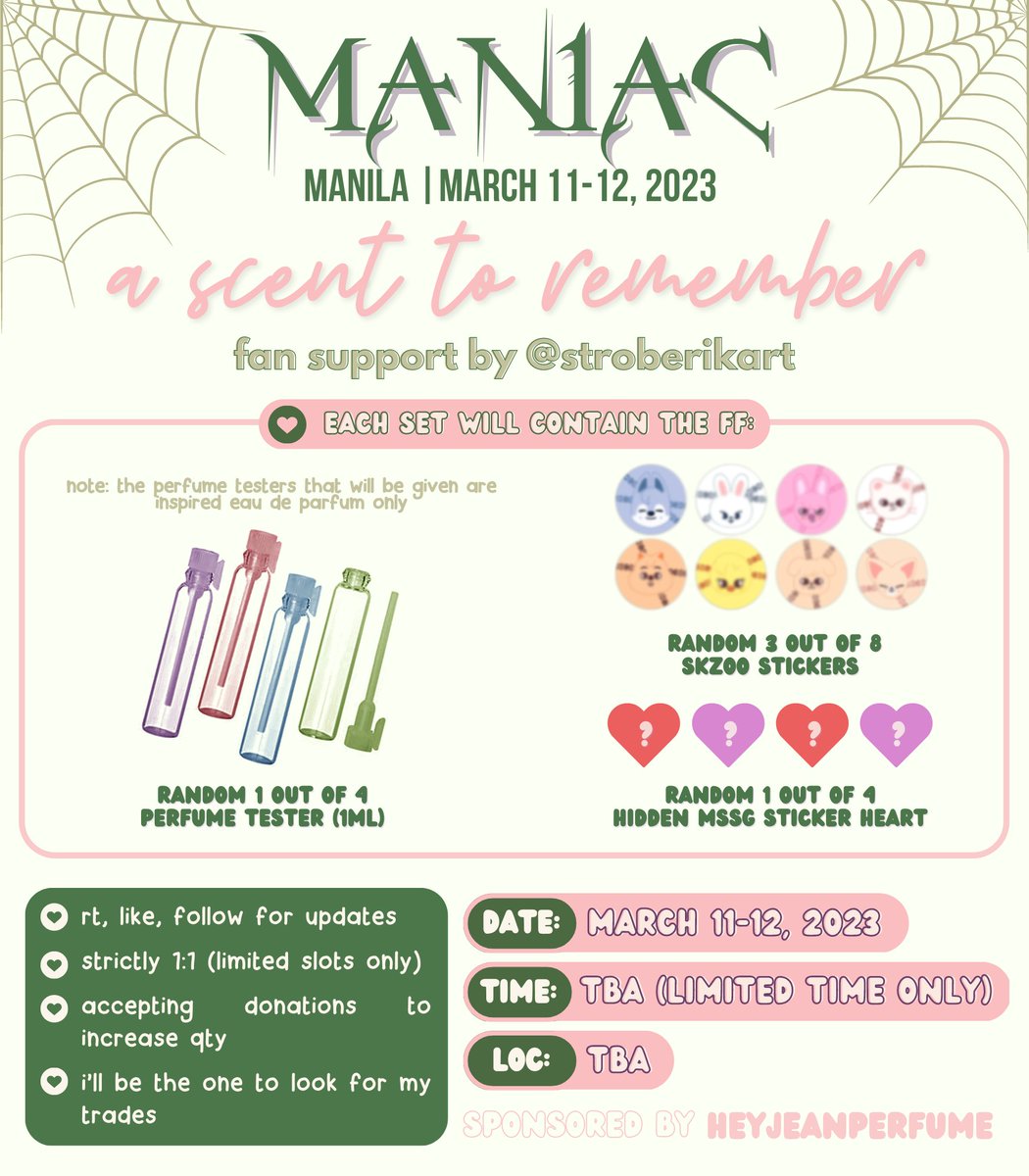 stroberikart's tweet photo. #MANIACinMANILA | #ManiacTourinManila 
🗓️ MAR 11 &amp; 12 2023 [limited time only]

~ a scent to remember ~
fan support by @stroberikart 

✦ rt, like, follow for updates
✦ strictly 1:1 (lim. slots only)
✦ accepting donations/reservations to increase qty

see thread for more info! https://t.co/0GV5nIefOC