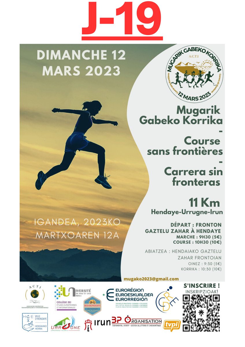 Acti_Asso's tweet photo. 🔴 #JOUR_19🔴

COURSE ET MARCHE TRANSFRONTALIÈRE CARITATIVE:11 KM 
🗓: 12/3/2023
🔄: HENDAYE,IRUN,URRUGNE
🏃‍♀️Course à pied:10€
🚶‍♂️Marche: 5€
Des prix vous attendent🏅🏆

▶️INSCRIVEZ-VOUS https://t.co/M2AZbWT5Kf… 

@Euroregion_naen
@MediabaskInfo
 @SO_Pau
 @sudouest
@CommunautePB https://t.co/1HiGFhXqr3