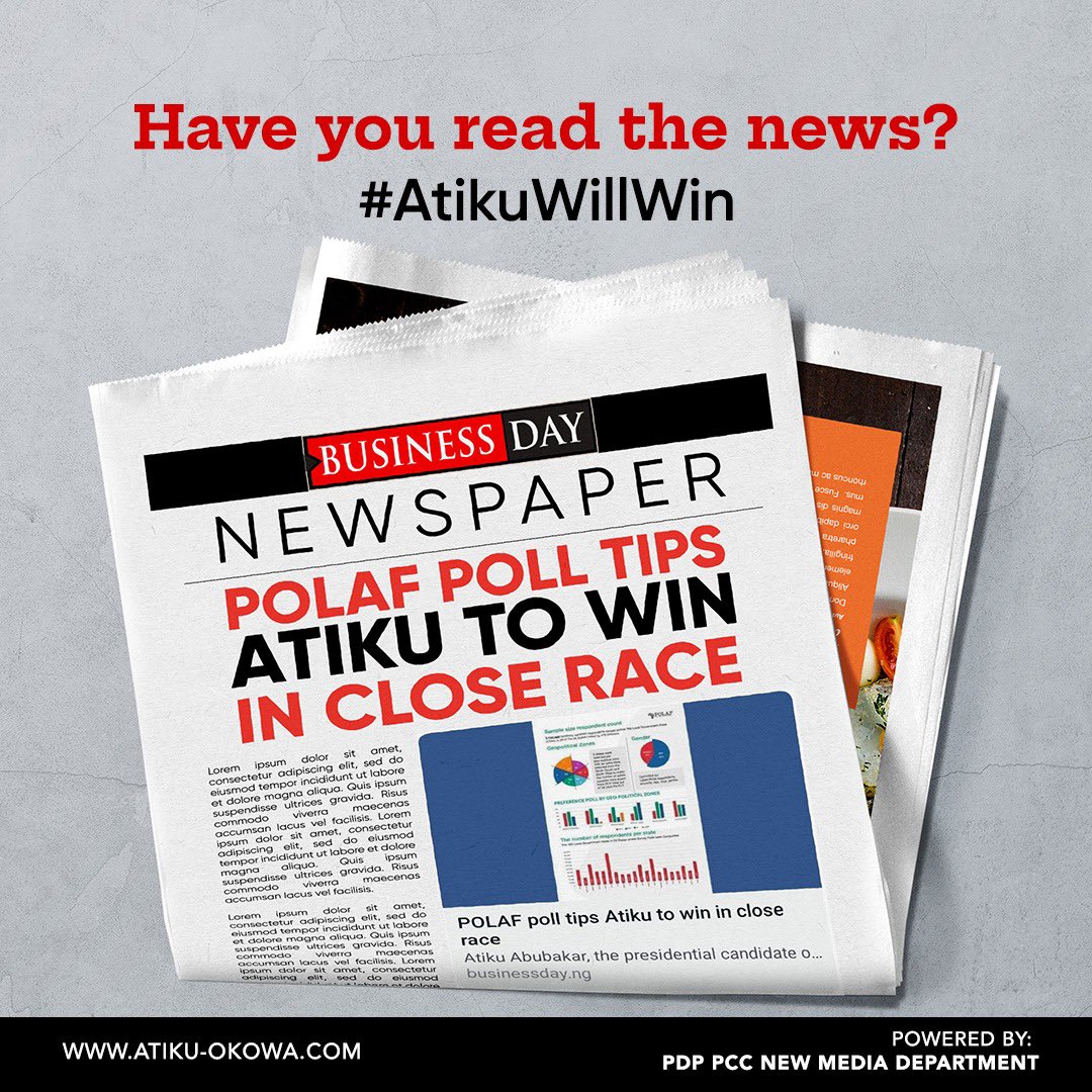 Atiku Listens (@atikulistens) on Twitter photo <a href="/atiku/">Atiku Abubakar</a> the presidential candidate of the Peoples Democratic Party (PDP), is likely to emerge the winner of the closely contested election scheduled to hold on February 25, according to a new poll conducted by POLAF, a not-for-profit organization.
#AtikuIsWinning #AtikuListens <a href="/atiku/">Atiku Abubakar</a> the presidential candidate of the Peoples Democratic Party (PDP), is likely to emerge the winner of the closely contested election scheduled to hold on February 25, according to a new poll conducted by POLAF, a not-for-profit organization.
#AtikuIsWinning #AtikuListens