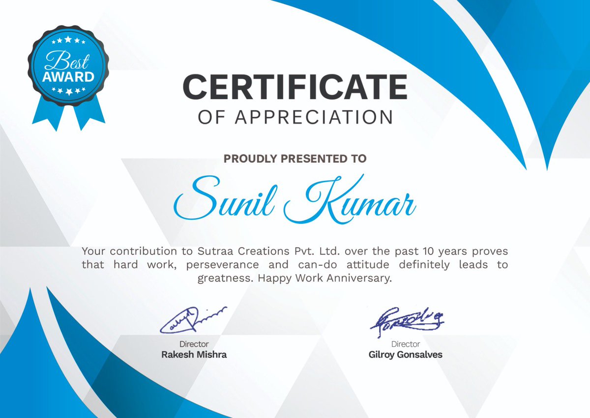 sutraacreations's tweet photo. Congratulations Sunil Kumar for completing 10years with Sutraa. Your contribution over the past 10years proves that the hard work, perseverance and can do attitude definitely leads to greatness. Thank you for being a part of #Sutraa.Happy Work Anniversary! https://t.co/AZjViYaXBM