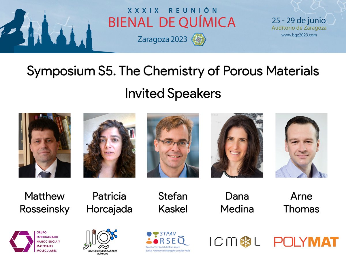 This is the complete line-up of Invited Speakers for Bienal's Symposium on Porous Materials in Zaragoza 
@BQZ2023. The call for abstracts is now opened until the 21st of February 👉bqz2023.com/index.php/en/ Sponsored by <a href="/_GENAM/">GENAM RSEQ-RSEF</a> <a href="/JovenesQuimicos/">Jóvenes Investigadores Químicos (JIQ-RSEQ)</a> <a href="/ICMol_UV/">ICMol</a> <a href="/POLYMAT_BERC/">POLYMAT</a>