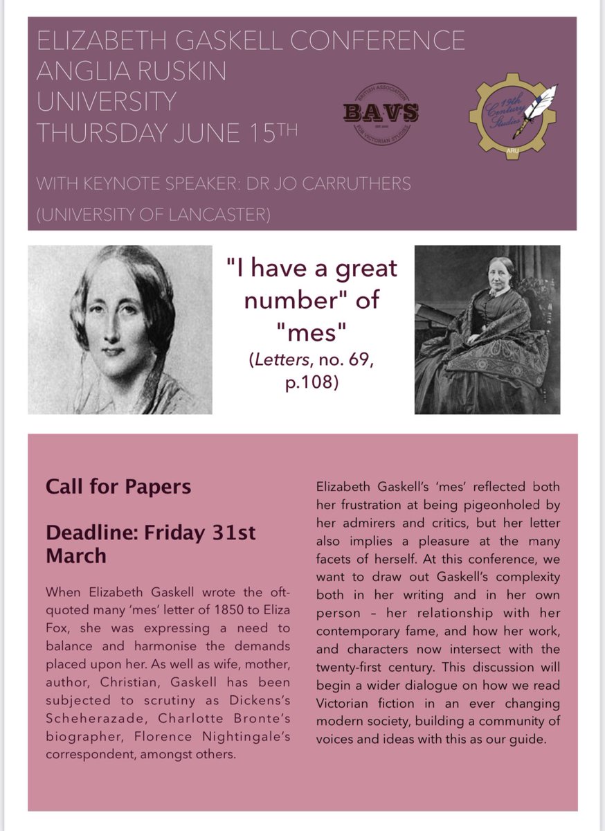 ARU19thC's tweet photo. Exciting News! We are pleased to launch a #CallForPapers for our hybrid conference on #ElizabethGaskell with Keynote Speaker 
@J0carruthers
 Join us in June https://t.co/yyYUvUPUct