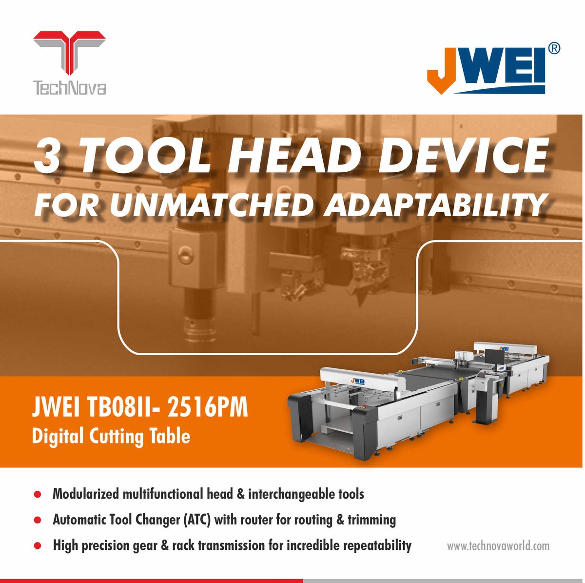 TechNovaWorld's tweet image. The industrial JWEI TB08II- 2516PM Digital Cutting Table is the most advanced &amp;amp; robust design from #JWEI

To know more please call :
Toll-free (India) : 1 800 267 7474
Phone : +91 22 2741 5474
 
#technova #flatbedcutter #digitalcuttingtable #tb03 #tb08 #cb03 #cb08 #shapecutting