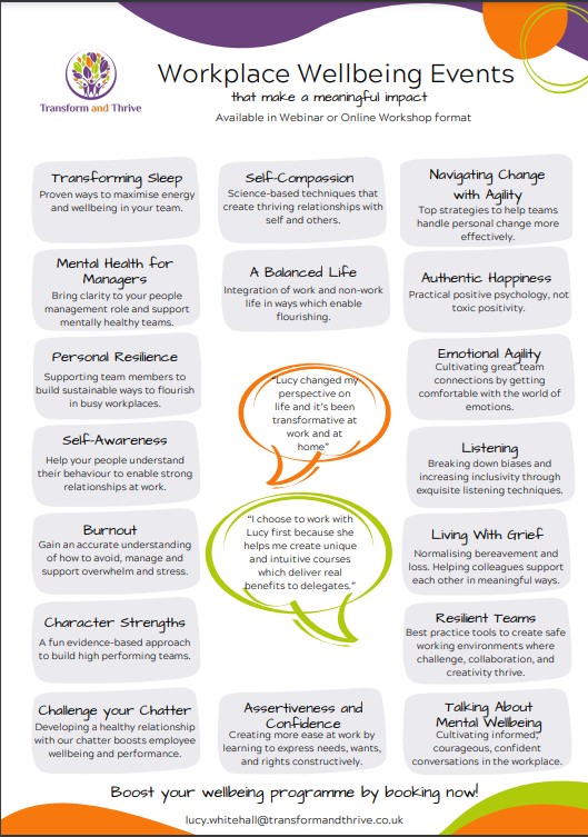 lucywhitehall's tweet photo. A full list of wellbeing webinars. Get the best value and save up to £1,750 by booking one of the special offer deals before 28th February. Contact lucy.whitehall@transformandthrive.co.uk to book.

https://t.co/3akDFTC4N6 https://t.co/oRPmUBvDHE