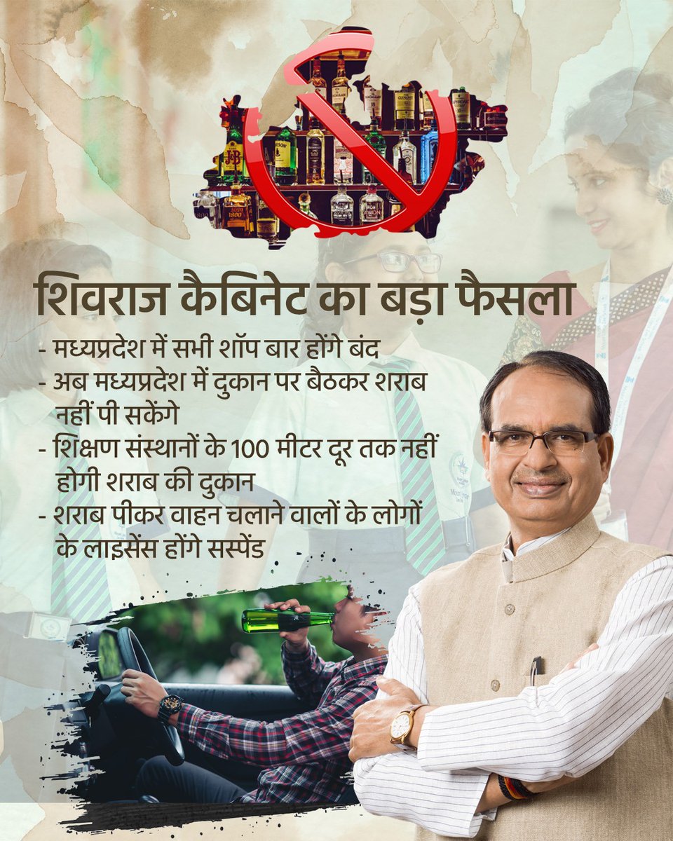 मध्यप्रदेश में शराब सेवन को हतोत्साहित करने की दिशा मे शिवराज सरकार ने ऐतिहासिक निर्णय लिया है। धन्यवाद शिवराज जी।
 
<a href="/ChouhanShivraj/">Shivraj Singh Chouhan</a>
#MPLiquorPolicy
 #ThankUShivraj