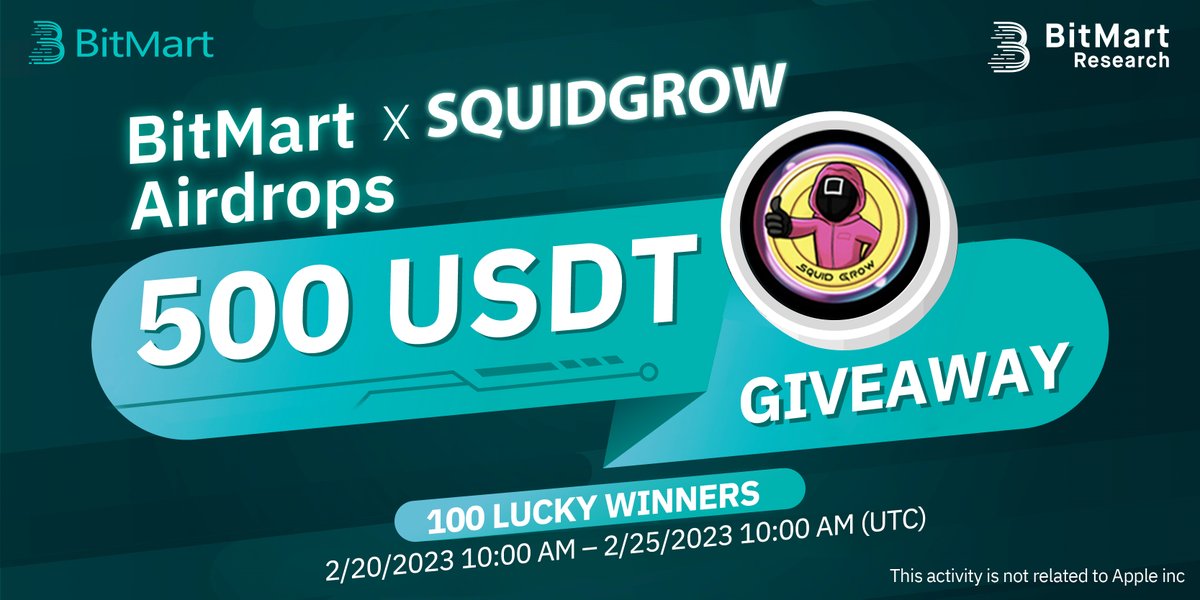 🌟BitMart X SQUIDGROW Airdrop!

1⃣Follow <a href="/BitMartResearch/">BitMart Research｜$BMX HODLer</a>&amp; <a href="/BitMartExchange/">BitMart</a>&amp; <a href="/Squid_Grow/">SquidGrow™</a>&amp; <a href="/Shibtoshi_SG/">Shibtoshi™</a>&amp; @AreDub2
2⃣Join t.me/BitMartExchang…&amp; t.me/SquidGrowPorta…
3⃣RT&amp;Tag 3 friends
4⃣Fill out:forms.gle/evRDBv34wYaMjS…

🥳500 USDT/100 winners
Register:bitmart.com/register-refer…