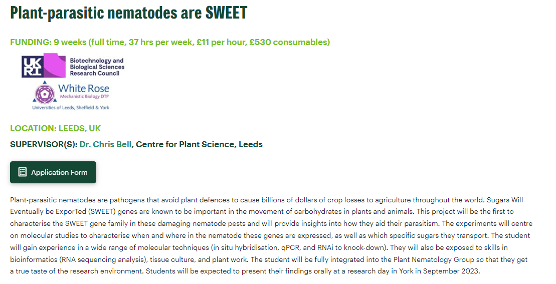 Chris Bell (@chris_bell6) on Twitter photo Please share! 9 week fully paid summer studentship with myself and <a href="/UrwinLab/">Urwin Lab Leeds</a> investigating the role of SWEET genes in plant-parasitic nematodes. 🔬🪱
More info at bit.ly/3wdnas7
Deadline Wednesday 28 February 12 noon
#GenerationResearch #studentships Please share! 9 week fully paid summer studentship with myself and <a href="/UrwinLab/">Urwin Lab Leeds</a> investigating the role of SWEET genes in plant-parasitic nematodes. 🔬🪱
More info at bit.ly/3wdnas7
Deadline Wednesday 28 February 12 noon
#GenerationResearch #studentships