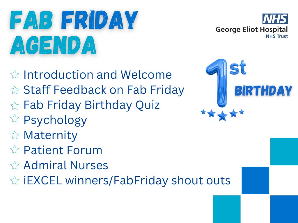 NHSFabFriday's tweet photo. It's nearly our 1st birthday- and we cannot wait to celebrate with you this Friday! As a sneak peek, see our agenda below- there is something for everyone (and maybe a prize for the quiz winner...) #fabfriday #improvement #itsourbirthday https://t.co/69YmLfS9Gw
