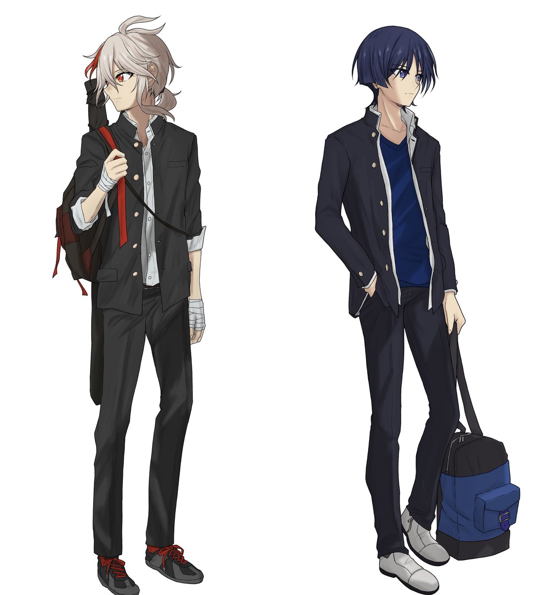 kaedehara kazuha ,scaramouche (genshin impact) multiple boys 2boys gakuran male focus school uniform bandaged hand bag  illustration images