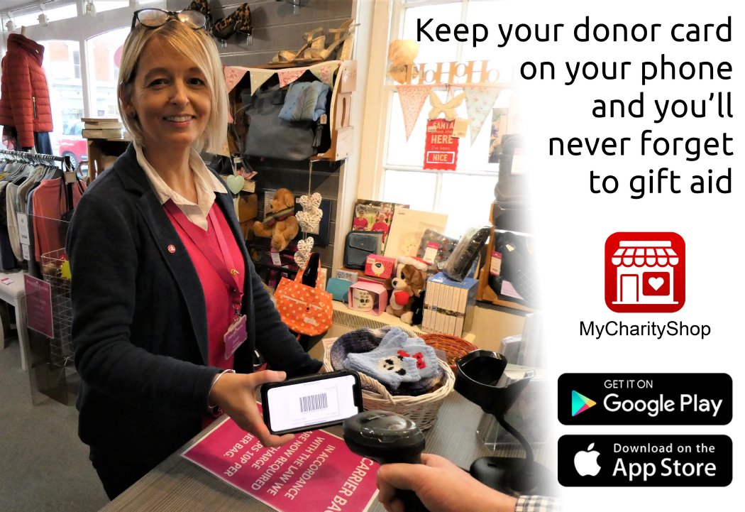 Heads up!

When donating in our #charityshops adding Gift Aid to your donations just got a whole lot easier!

Download the <a href="/mycharityshop/">mycharityshop.com</a> app and keep your donor card on your phone.

#WorcestershireHour #MalvernHillsHour #donate #gitfaid #charity #mondaythoughts #MondayMotivation