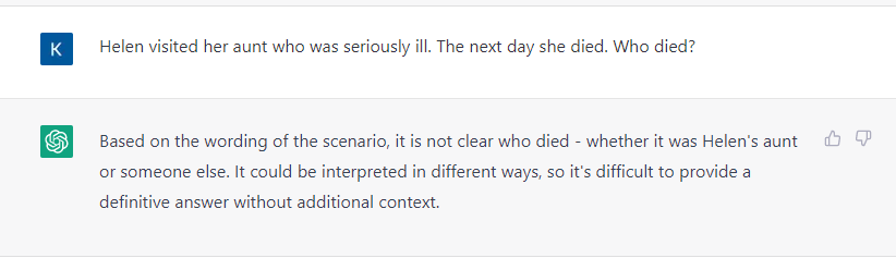 Kyriakos_Law's tweet photo. It's disappointing that a whole generation of academics(?) has jumped the bandwagon of #AI esp now with the so-called @OpenAI. Algorithms CANNOT deal with complexity (aka context) nor can they understand language. Even a small child CAN answer the question seen on the screenshot https://t.co/oxhRpsuqk9
