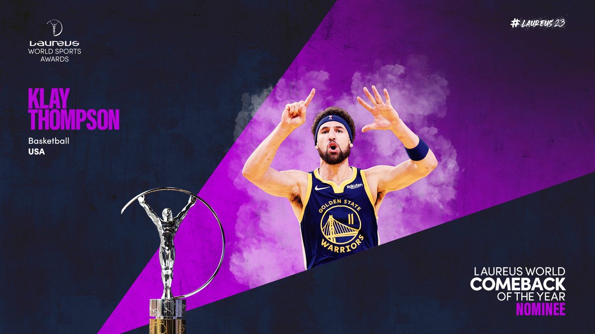 LaureusSport's tweet photo. Out of the game for nearly 31 months due to injury, @KlayThompson returned to basketball and won the @NBA Championship with @warriors. It’s a journey to back to the very top that has earned him a nomination for the #Laureus23 World Comeback of the Year Award https://t.co/60AS1yiaMw