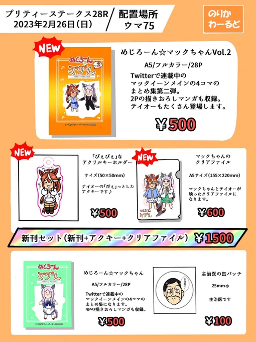 プリティーステークス28Rのお品書きになります!新刊に加え2つのグッズがセットになった「新刊セット」をご用意しました!そして既刊と主治医の缶バッジも少数ですが一緒に頒布します!売り子はシックスねおんさん(@_Six_Neon)にお願いしました!どうかよろしくお願いします🤲 