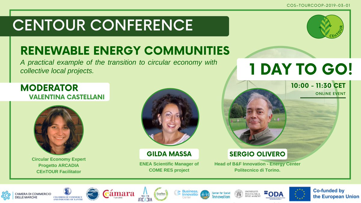 📢 𝟭 𝐃𝐀𝐘 𝗧𝗢 𝗚𝗢!

<a href="/CEnTOUR_EU/">CEnTOUR - Circular Economy in Tourism</a> 𝐂𝐨𝐧𝐟𝐞𝐫𝐞𝐧𝐜𝐞 𝐨𝐧 𝐑𝐞𝐧𝐞𝐰𝐚𝐛𝐥𝐞 𝐞𝐧𝐞𝐫𝐠𝐲 𝐜𝐨𝐦𝐦𝐮𝐧𝐢𝐭𝐢𝐞𝐬.

📅 21/2/23
🕘 10:00 (CET)
💻 Online
Join us!

𝐀𝐆𝐄𝐍𝐃𝐀 👉

𝐑𝐄𝐆𝐈𝐒𝐓𝐄𝐑 𝐇𝐄𝐑𝐄 👉   docs.google.com/forms/d/e/1FAI…

#tourism #innovation #CircularEconomy