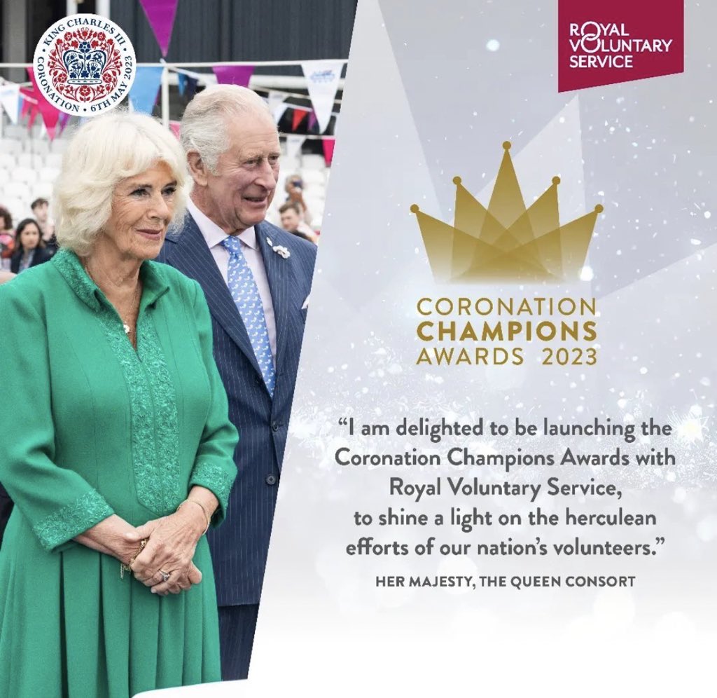 👑🏆

To celebrate The Coronation and to highlight the impactful work of 'millions of unsung heroes' across Britain, The Queen is launching the #CoronationChampionsAwards 🎊 

The initiative is open to outstanding volunteers aged 14+ and anyone can nominate them!