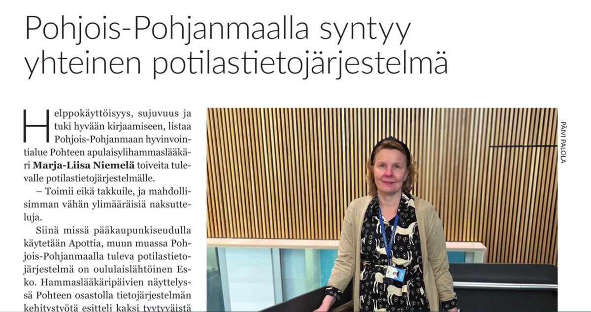 Suomen hammaslääkärilehdessä @Pohde_fi Marja-Liisa Niemelä kertoo Esko APTJ:sta Pohteen tulevana suun terveydenhuollon järjestelmänä.
Artikkeli luettavissa kokonaisuudessaan verkossa (s. 16-17)💎lehtiluukku.fi/lehti/hammasla…
#eskosystemsoy #suunterveydenhuolto #APTJ #hammaslääkärilehti