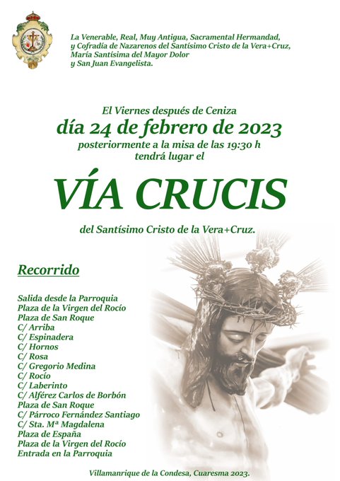 Horario e Itinerario Stmo. Cristo de la Vera+Cruz. Villamanrique De La Condesa 24 de Febrero del 2023