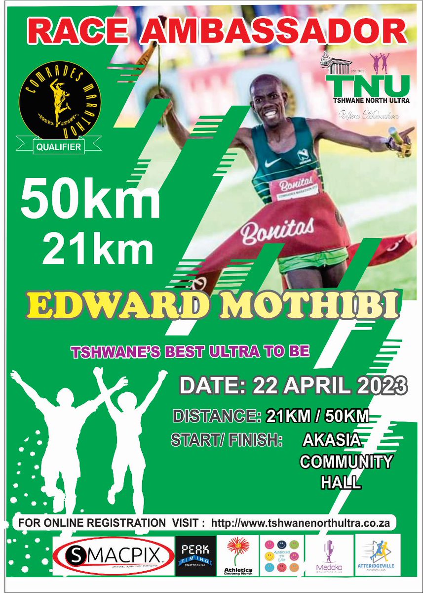 TshwaneNorth's tweet photo. We welcome another race ambassador #EdwardMothibi
He won Comrades Marathon in 5:31;33 (2019)
Register online for an inaugural Tshwane Ultra Marathon https://t.co/hV6fdSe6rx https://t.co/p76jbbAJY1