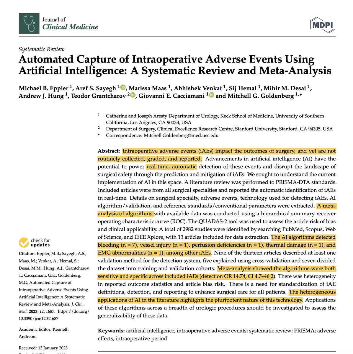 🤖Advances in #AI have the potential to revolutionize #SurgicalSafety by detecting & mitigating intraop adverse events

💡Standardization of iAE detection is needed to enhance patient care #surgicalAI 

@MichaelEppler7 @mitchgoldenberg @USC_Urology

tinyurl.com/4bz4ntm4