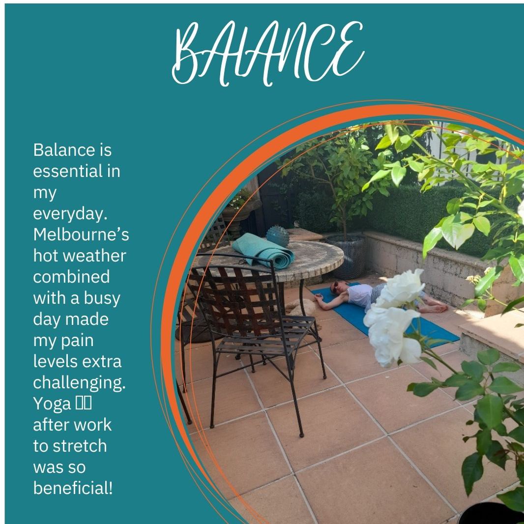 Balance is essential in my everyday. Melbourne’s hot weather combined with a busy day made my pain levels extra challenging. Yoga 🧘‍♀️ after work to stretch was so beneficial! #painmanagement #yoga #balance #emmagee